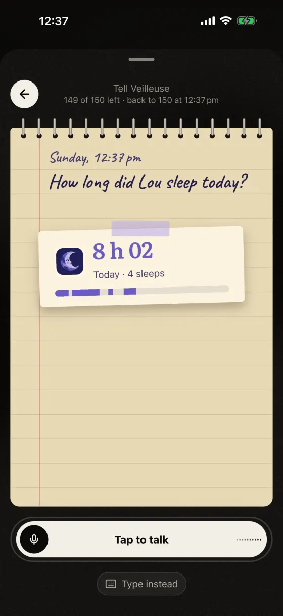 Die Frage „How long did Lou sleep today?“ und die Antwort: 8 h 02 in 4 Schlafphasen.