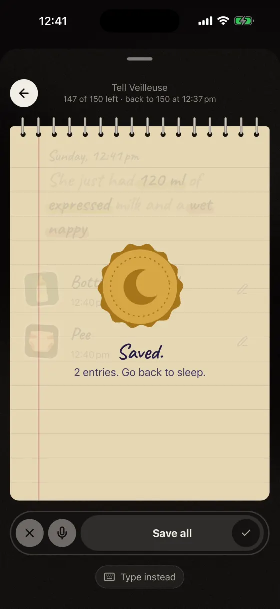 La page du journal après l’enregistrement : « Saved. 2 entries. Go back to sleep. »