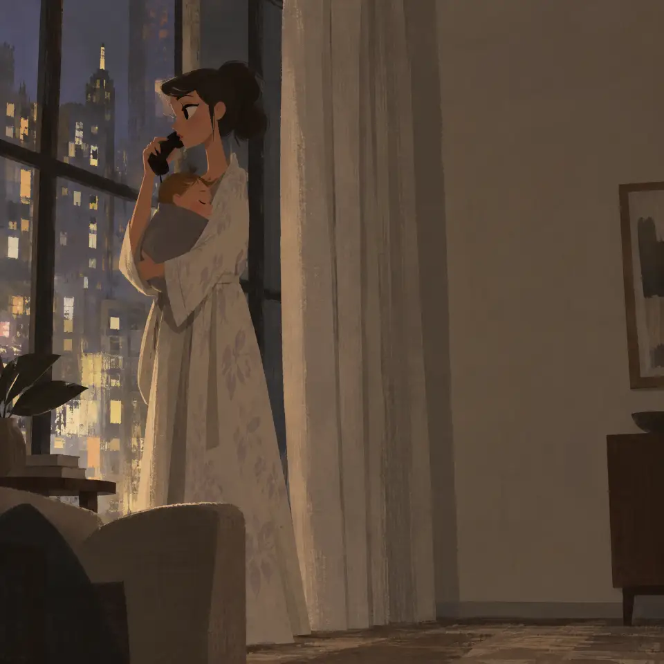 Une peinture d’une mère en longue robe de chambre à motifs devant une haute fenêtre la nuit, son bébé endormi dans un bras et un téléphone à l’oreille, avec les fenêtres éclairées des tours de la ville derrière elle.