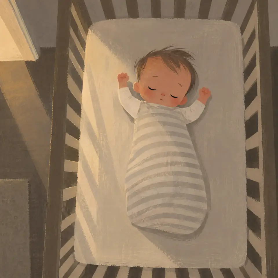 Von oben gesehen schläft ein Baby auf dem Rücken in einem gestreiften Schlafsack, die Arme neben dem Kopf, allein in einem Babybett, auf die Matratze fällt weiches Licht.