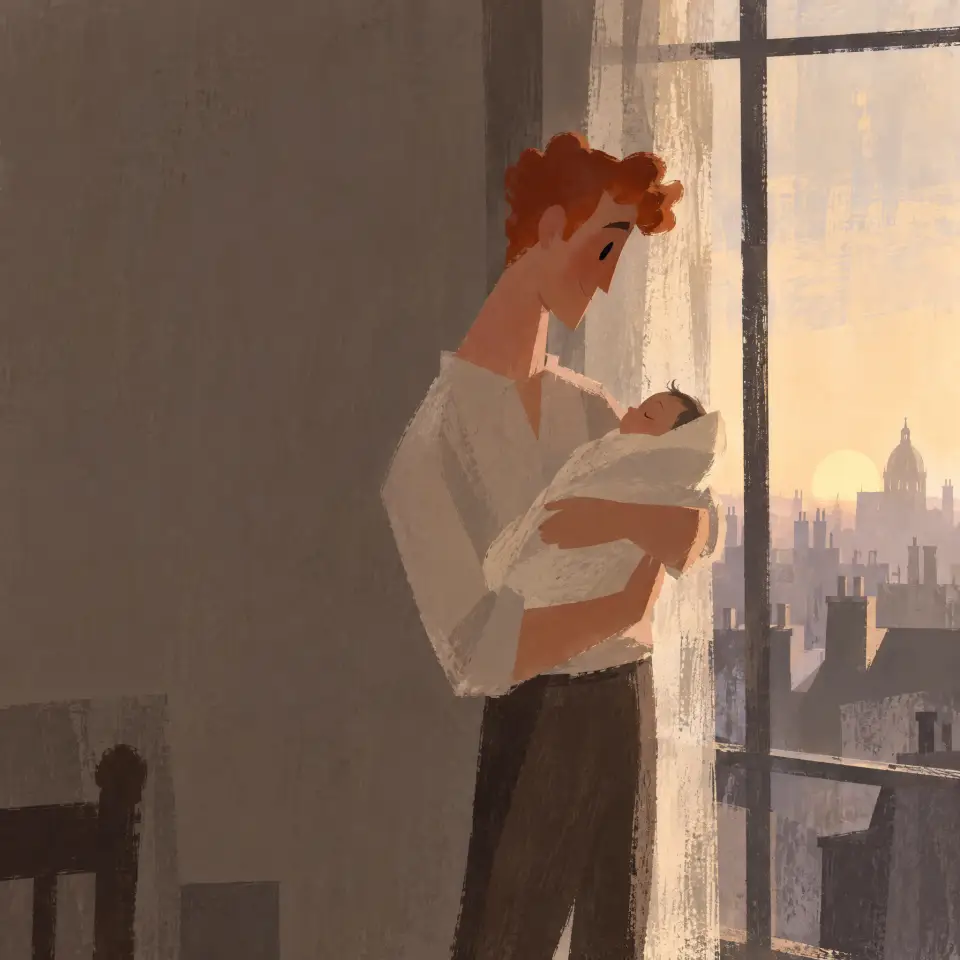 A red-haired father stands at a tall window at sunrise, smiling down at the newborn asleep in his arms, with city rooftops and a dome in the distance.