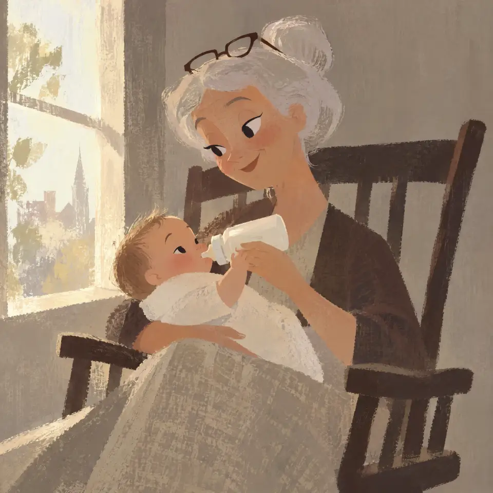 Una abuela de pelo gris, con las gafas subidas a la cabeza, da el biberón a un bebé en una mecedora de madera junto a una ventana soleada.