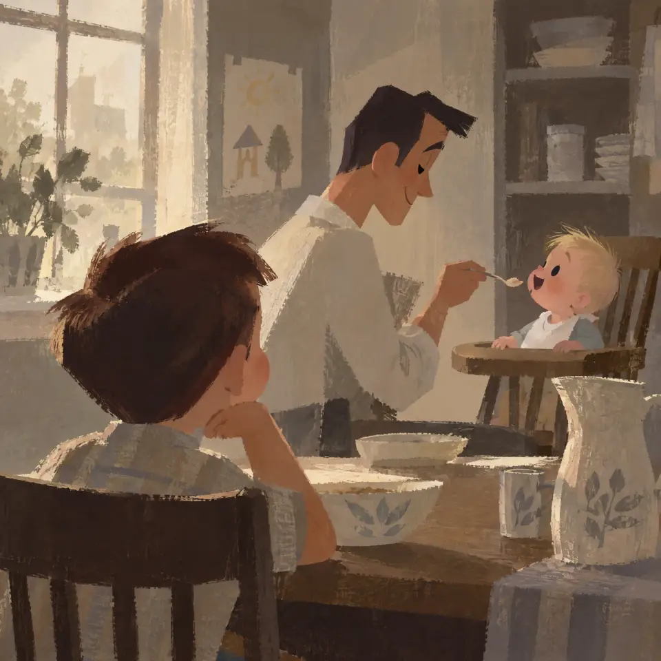 Vu par-dessus l’épaule d’un petit garçon à table, un père donne la cuillère au bébé assis dans une chaise haute en bois, dans la lumière douce du matin.