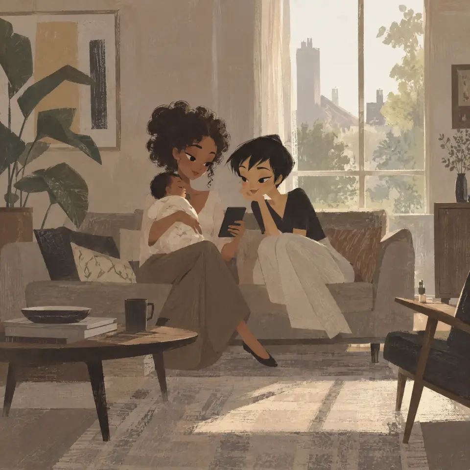 Deux jeunes mamans sur un canapé l’après-midi, l’une tient un bébé endormi, toutes deux regardent un téléphone, une grande plante et une fenêtre derrière elles.